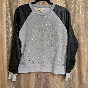 Michael Kors Gray Black Studded Raglan Faux Leather Sleeve Sweater Small
